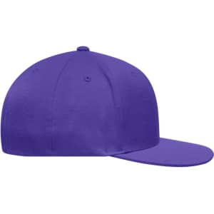A purple Flexfit® Flat Peak Cap featuring a flat peak and a structured design, with a logo on the side.