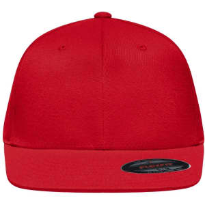 A red Flexfit® Flat Peak Cap featuring a flat brim and an interior logo branding.