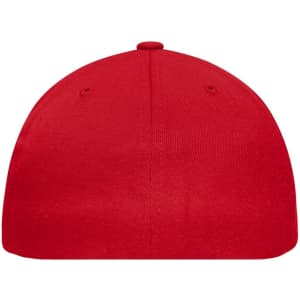 A red Flexfit® Flat Peak Cap with a smooth surface and a rounded top, featuring ventilation holes.