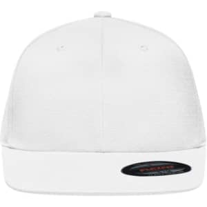 A white Flexfit® Flat Peak Cap with a branded logo on the side, featuring a flat peak design.