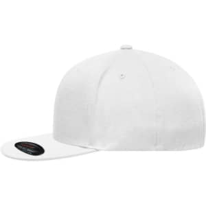 A white Flexfit® Flat Peak Cap with a flat brim and a logo. The cap has a smooth finish and no embellishments.