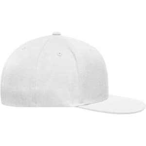 A white Flexfit® Flat Peak Cap with a curved brim and a fitted design. It features branding on the side.