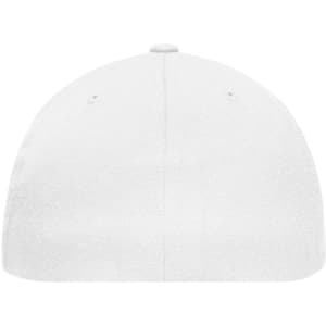 A white Flexfit® Flat Peak Cap featuring a rounded crown and a logo on the side.