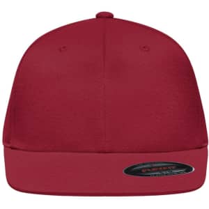 A red Flexfit® flat peak cap featuring a rounded top and a branded label on the inside.