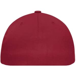 A red Flexfit® Flat Peak Cap featuring a smooth, rounded top and ventilation holes.