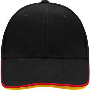 A black 6 panel cap with a red and yellow trim at the brim, featuring a logo on the front.