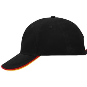 A black 6 panel cap featuring a red and yellow accent along the brim and a logo on the side.