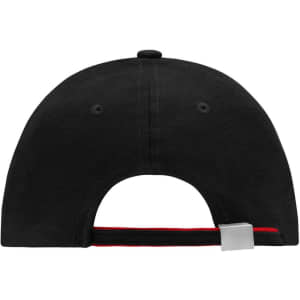 A black 6 panel double sandwich cap featuring a red underbrim and a silver adjustable strap at the back.