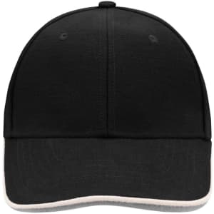 A black cap with a double sandwich visor and a logo on the front. The design features a six-panel structure.