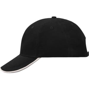 A black 6 panel cap with a contrasting visor and a logo on the side.