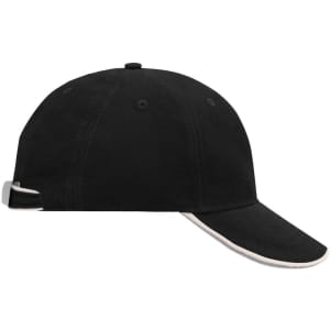 A black 6-panel cap with a curved brim, featuring a logo on the side and contrasting detailing.