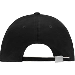 A black 6 panel double sandwich cap featuring a logo, showcasing the back view and adjustable strap.