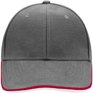A grey cap with a red accent along the brim, featuring a logo on the front.