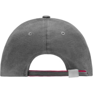 A grey 6 panel double sandwich cap featuring a rear adjustable strap and a logo.