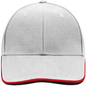 A grey cap with a red underbrim and a logo on the front. It features a six-panel design.