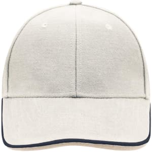 A beige cap featuring a dark trim and a curved brim, with a logo on the front.