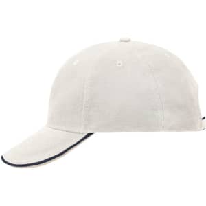 A grey 6-panel cap with a curved brim and a logo. The cap features a double sandwich design.
