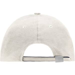 A white 6-panel double sandwich cap featuring a curved brim and an adjustable strap at the back, along with a logo.