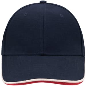 A navy blue cap with a red underside and a prominent logo on the front. Features six panels and a structured design.