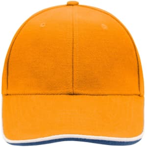 An orange 6-panel double sandwich cap with a contrasting brim and a logo on the front.