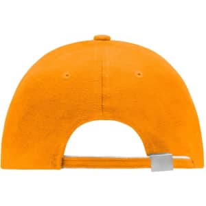 A bright orange 6 panel double sandwich cap featuring a branded logo on the back.