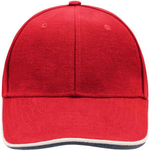 A red 6 panel double sandwich cap with a contrasting trim and a logo on the front.