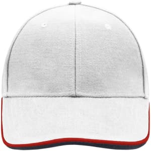 A white cap with a red and black brim, featuring a logo on the front.