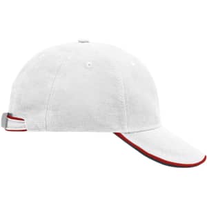 A white 6 panel cap with a red accent on the brim and a silver adjustable strap at the back.