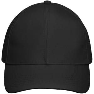 A black 6 panel cap with a curved brim and an adjustable strap at the back. It features a logo.