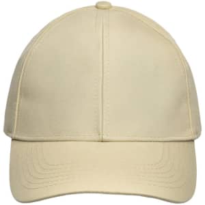 A beige six-panel cap with a structured design and an adjustable strap at the back. It features a logo.