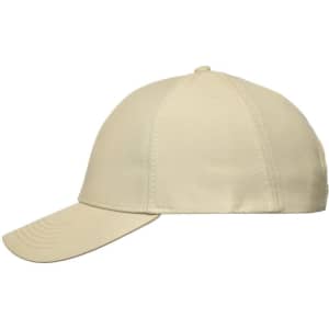 A beige six-panel baseball cap with a curved peak and a branded logo on the side.
