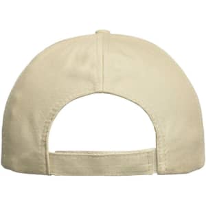 A beige 6 panel cap with an adjustable strap and a logo on the back.