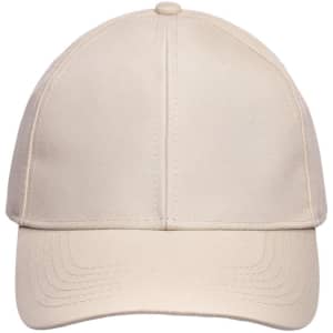 A beige 6-panel cap with a curved brim and stitching details, featuring a logo on the front.