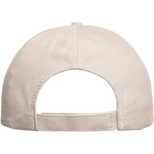 A beige 6-panel cap with an adjustable strap at the back and a logo on the side.