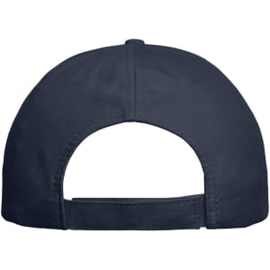 A navy 6 panel cap with an adjustable strap at the back, featuring a logo.
