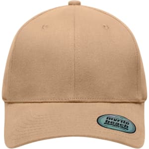 A beige 6 Panel Elastic Fit Baseball Cap featuring a logo on the side. Suitable for casual wear.