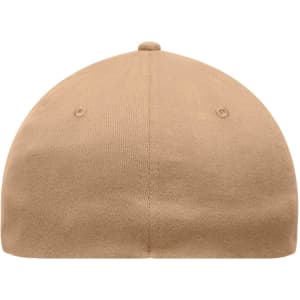 A tan 6 Panel Elastic Fit Baseball Cap featuring a smooth round crown and ventilation eyelets.