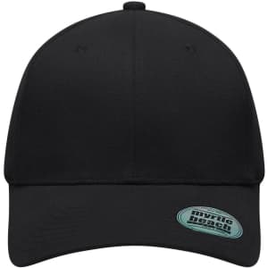 A black 6-panel elastic fit baseball cap featuring a logo on the front.