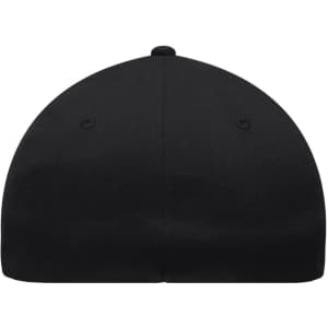 A black 6-panel elastic fit baseball cap featuring a rounded top and a small button at the centre.