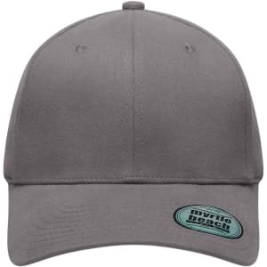 A grey 6 panel elastic fit baseball cap with a logo on the front and curved brim.