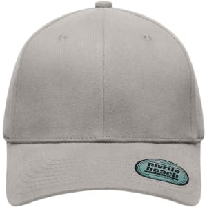 A grey 6 panel elastic fit baseball cap with a logo on the front.