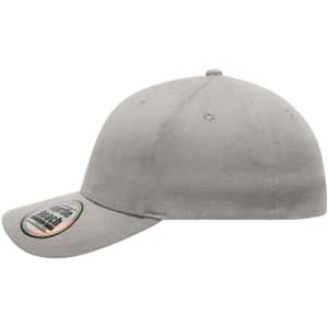A grey 6 panel elastic fit baseball cap, featuring a rounded crown and a flat brim, with a logo on the side.