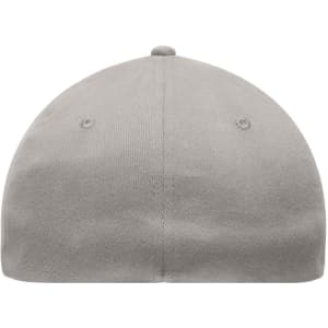 A grey 6 panel elastic fit baseball cap with a smooth, rounded top and a simple design.