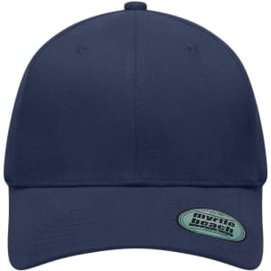 A navy blue 6 panel elastic fit baseball cap with a logo on the side.