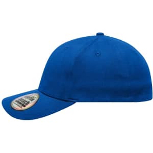 A blue 6-panel elastic fit baseball cap with a logo on the side.