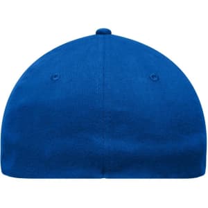 A blue 6 panel elastic fit baseball cap with a rounded top and a small button at the peak.