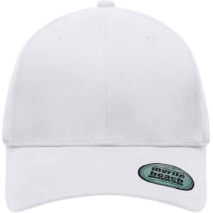 A white 6 panel elastic fit baseball cap featuring a logo on the side.