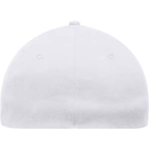 A white 6 panel elastic fit baseball cap featuring ventilation holes and a rounded crown.