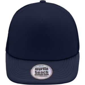 A navy 5 panel flat peak cap with a rounded top and a logo on the front.