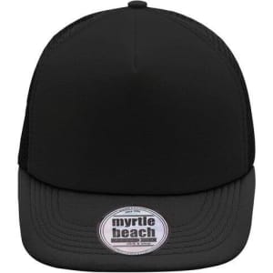 A black 5 Panel Flat Peak Cap featuring a logo, designed for casual headwear.